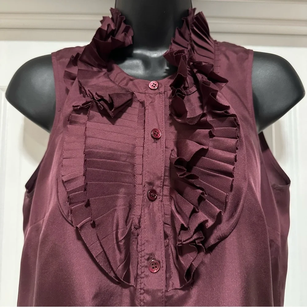 J.Crew Silk Sleeveless Ruffle Pleat Front Blouse Burgundy Wine Size 2